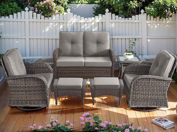 HUMMUH Patio Furniture 6-Piece PE Wicker Outdoor Conversation Set,All-Weather Rattan Swivel Chairs with Ottomans Glider Loveseat for Backyard,Poolside,Deck