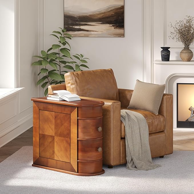 LITTLE TREE Wood End Table with 2 Drawers Sofa Side Table, No Assembly Required Vintage Slim Nightstand Bedside Table for Bedroom