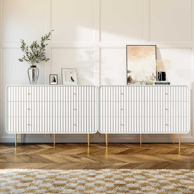 HLR White Dresser for Bedroom,48'' Wide Wood Chests of Drawers,Modern Fluted 6 Drawer Dresser with Gold Metal Handles,Clothes Deep Drawer Dressers Storage for Living Room,Hallway