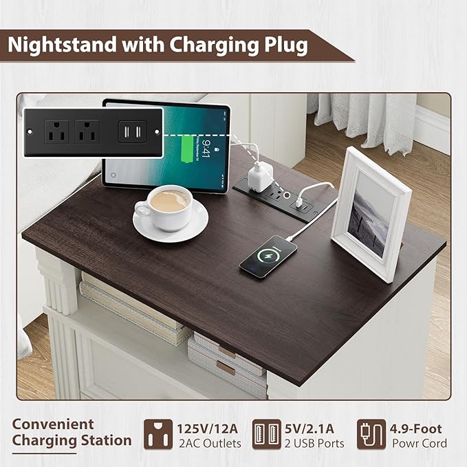 Yaamizz Farmhouse Nightstands Set of 2 with Charging Station, Table with Drawer and Storage Shelf, Wood Pilasters and Metal Handles, Vintage Design, Organizer for Bedroom, Hallway, White