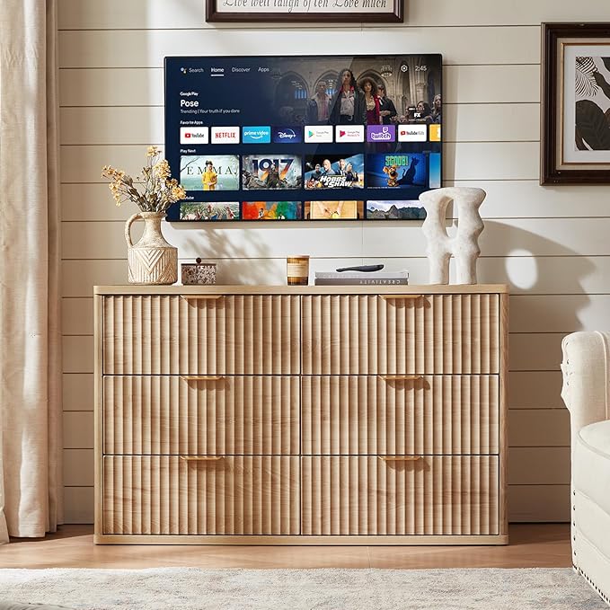 LEYAOYAO Fluted 6 Drawers Dresser for Bedroom, 48" Wide Modern Chest of Drawers with Metal Handle, Natural Curved Profile Farmhouse Closet Organizer Wood Dressers TV Stand for Living Room, Hallway