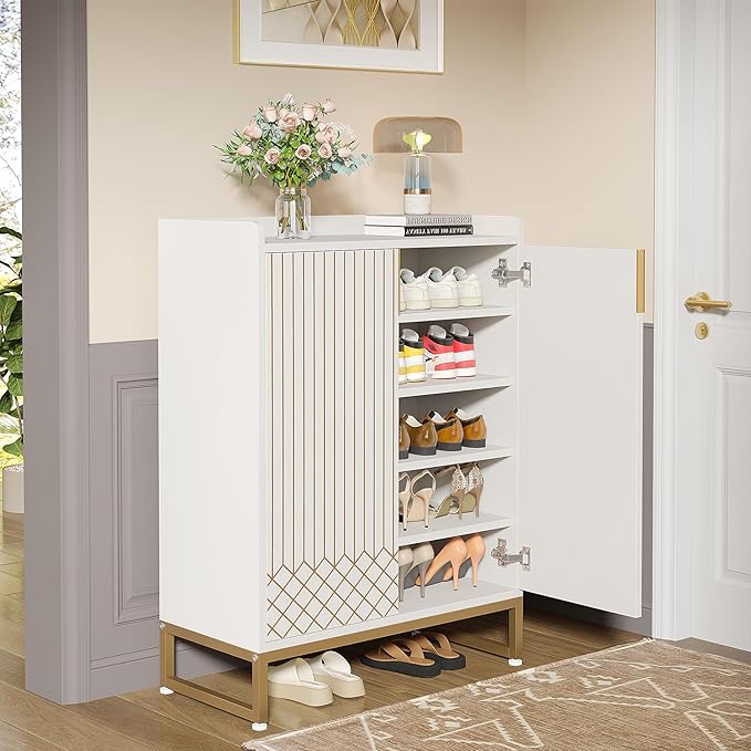 LITTLE TREE Modern White Shoe Cabinet with Doors for Up to 25 Pairs, 5-Tier Wood Shoes Rack Organizer for Entryway Bedroom Hallway Living Room