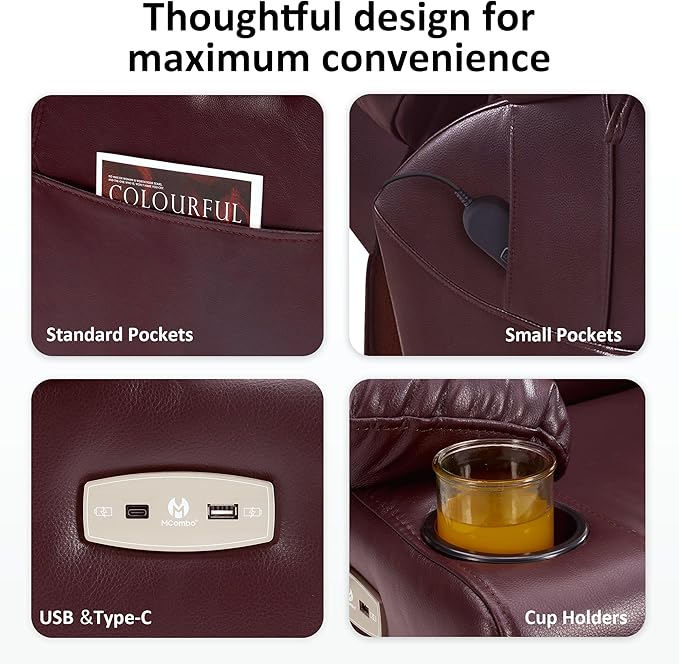 MCombo Large Triple Motor Power Lift Recliner Chair with Massage and Dual Heating, Adjustable Headrest for Tall Elderly People, Faux Leather 7634 (Wine, Large)