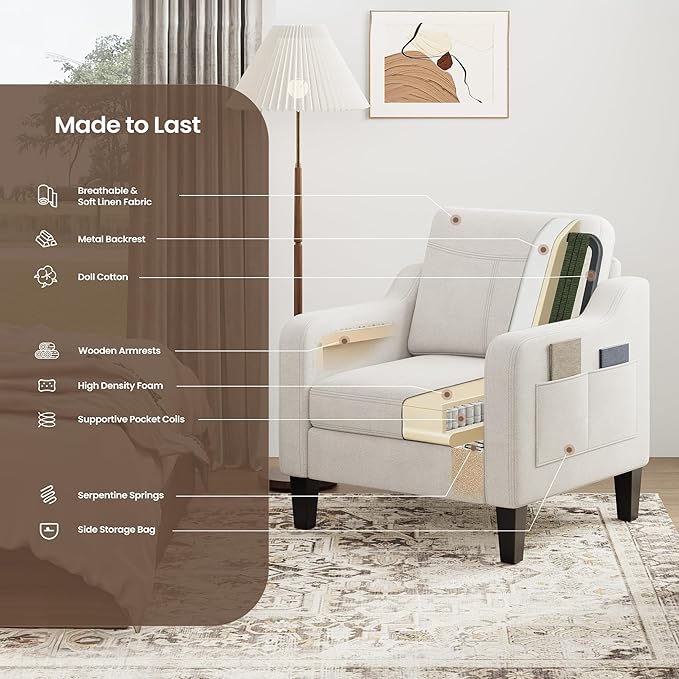 Accent Chair for Living Room Modern Linen Upholstered Armchair Side Wooden Fabric Sofa Chair with Foldable Table 2 Side Pockets Comfy Reading Chair for Bedroom