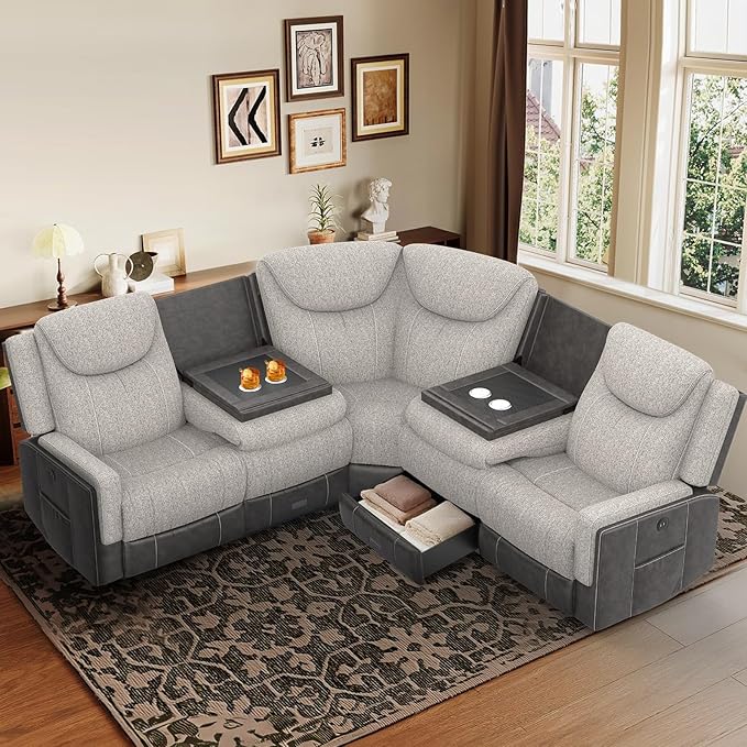 Manual Recliner Sectional Sofa for Living Room, Corner Couch with Flip Middle Backrest, USB Ports & Cup Holders, Grey Linen & Chocolate Leather, 5 Seater Sectional Couch