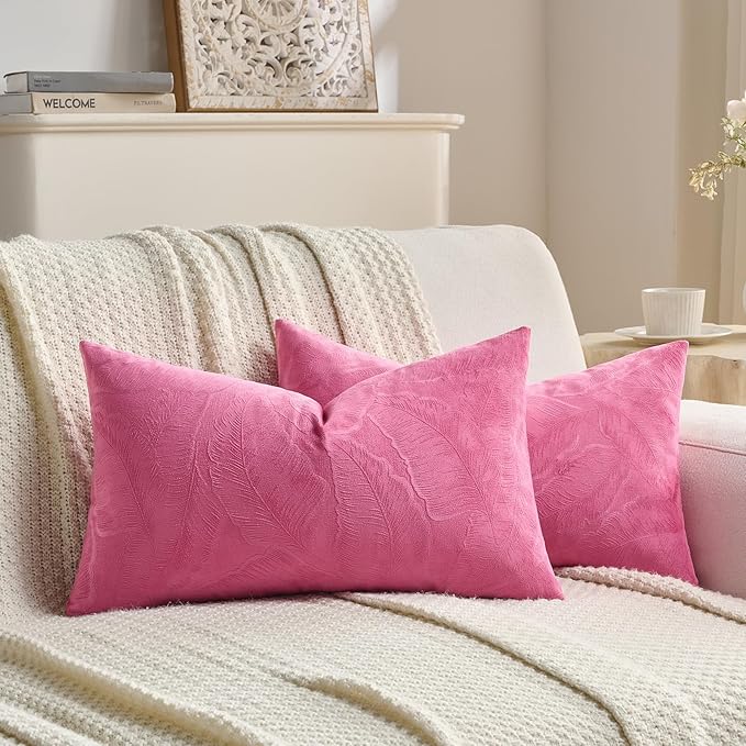 FUTEI Hot Pink Velvet Throw Pillow Covers 24x24 Inch Set of 2,Soft Embossed Leaf-Relief Textured European Cushion Cases,Natural Home Decor for Couch Living Room