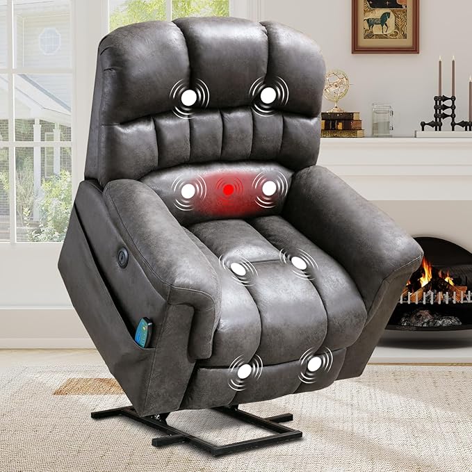 Large Power Lift Recliner Chair with Massage and Heat for Elderly, Faux Leather Electric Lifting Recliners with USB Port, Overstuffed Wide Reclining Sofa Chairs for Living Room, Grey