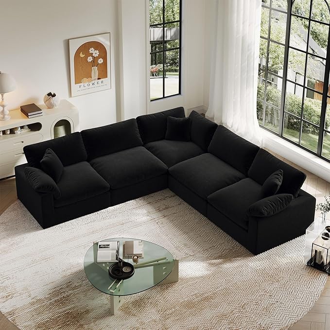 Cloud Modular Sectional Sofa,211.6" Down Filled Sofa 5 Seat with Chaise,Minimalist Sofa Cover Washable and Replaceable Couches for Living Room,Sectional Sofa Deep Seat Black