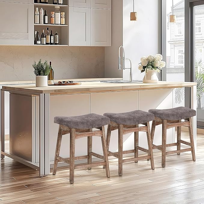 ALPHA HOME Bar Stools Set of 3, Solid Wood Saddle Kitchen Stools with Grey Linen Fabric Cushion Counter Height Barstools, 24 Inch, Grey, 3PCS