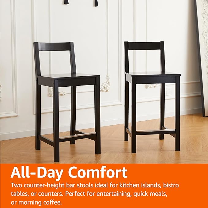 Amazon Basics Wooden Bar Stool with Backrest 24", Black, Set of 2