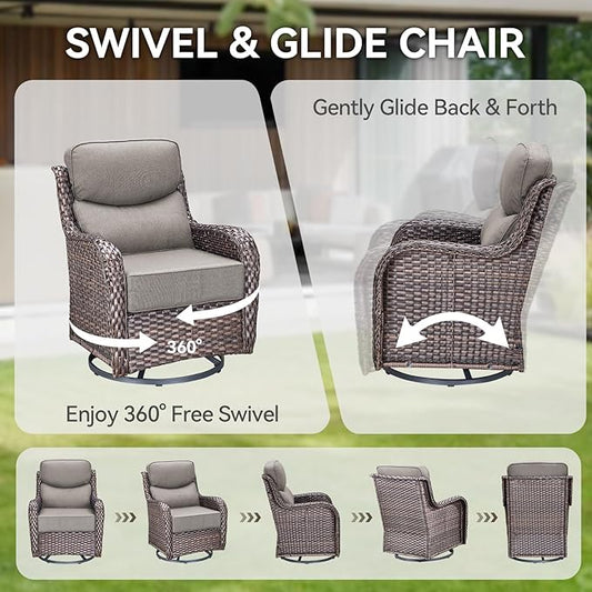 HUMMUH Outdoor Patio Wicker Swivel Rocker Chairs Set of 2 with 6-Inch Thick Cushion High Back Wicker Conversation Set for Porch Balcony Deck