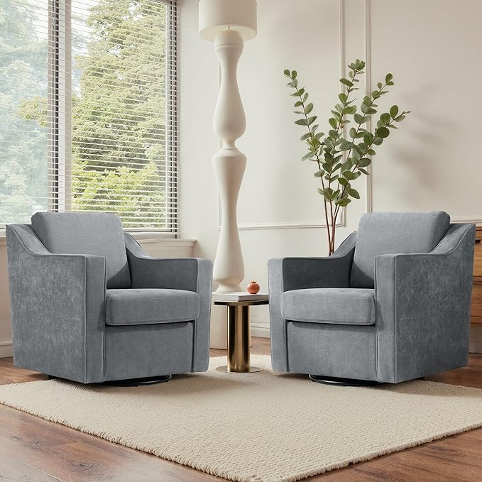 UIXE Swivel Accent Chair, Chenille Fabric Upholstered Arm Chair for Living Room, Modern Club Armchair Comfy Single Sofa Bedroom Reading Seat with Lumbar Pillow - Gray