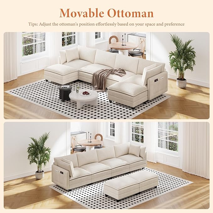 Vesgantti 143" U Shaped Sectional Modular Couch, Comfy Corduroy Upholstered Modular Cloud Sofas for Living Room, Modern Sectional Sofa with 2 Ottoman Deep Seat, Beige