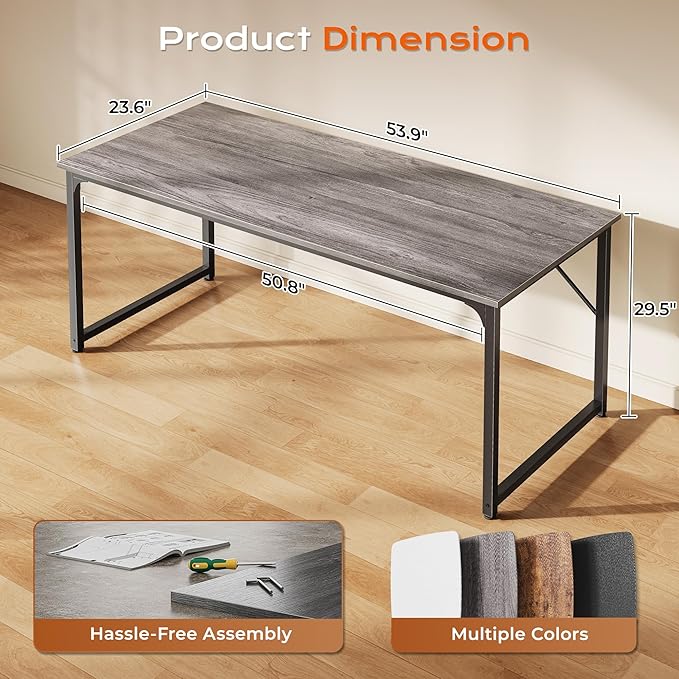 PRAISUN 54 X 24 Inch Computer Desk with Deeper Desktop, Gaming Office Writing Work Desk for Home Office, Study, Bedroom, Work from Home, Metal Frame, Grey