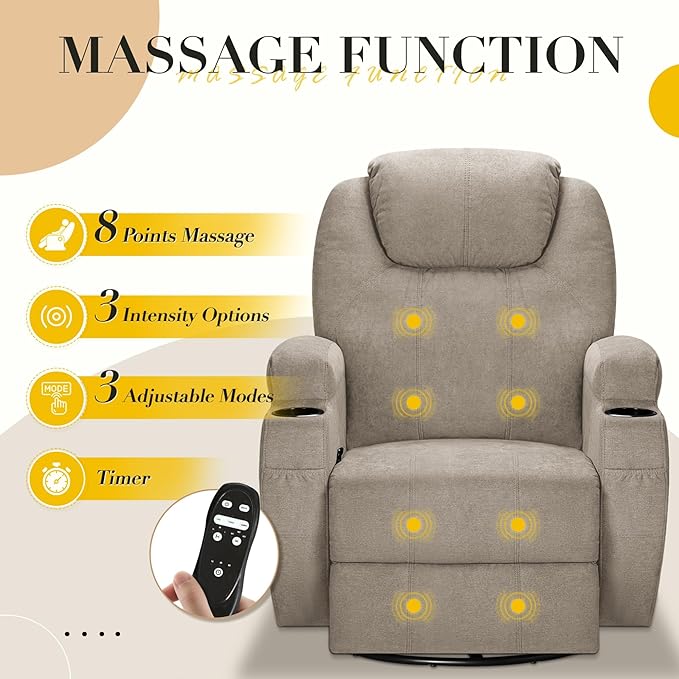 Recliner Chair, 360° Swivel Rocker Chair for Adults, Rocking Recliner Chair with Massage, Comfy Single Sofa with Side Pockets Cup Holders for Living Room, Bedroom, Nursery (Fabric, Khaki)