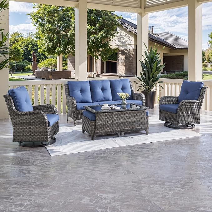 HUMMUH Patio Furniture 6 Pieces Outdoor Furniture Set Wicker Outdoor Sectional Sofa with Swivel Rocking Chairs,Patio Ottomans,Patio Coffee Table, Grey/Blue