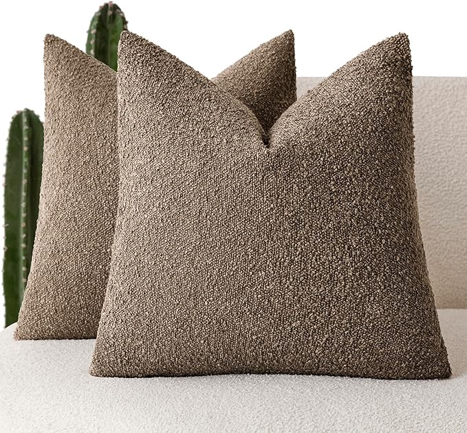 Foindtower Pack of 2 Textured Boucle Throw Pillow Covers Accent Solid Decorative Pillow Cases Cozy Woven Couch Cushion Case for Chair Sofa Bedroom Living Room Home Decor 20x20 Inch Light Brown