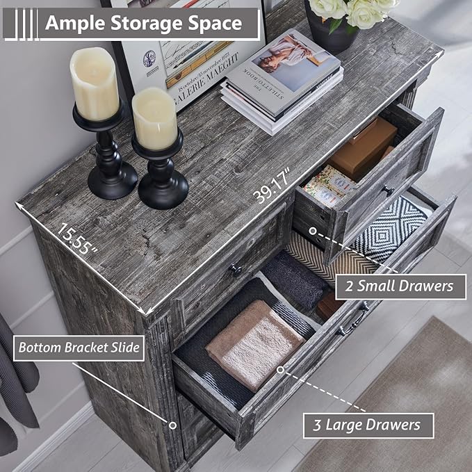 5 Drawers Dresser for Bedroom, Farmhouse 46" Tall Dressers & Chests of Drawers w/Roman Column, Wood Rustic Closet Dresser w/Two Different Drawer Sizes for Bedroom, Living Room, Light Grey