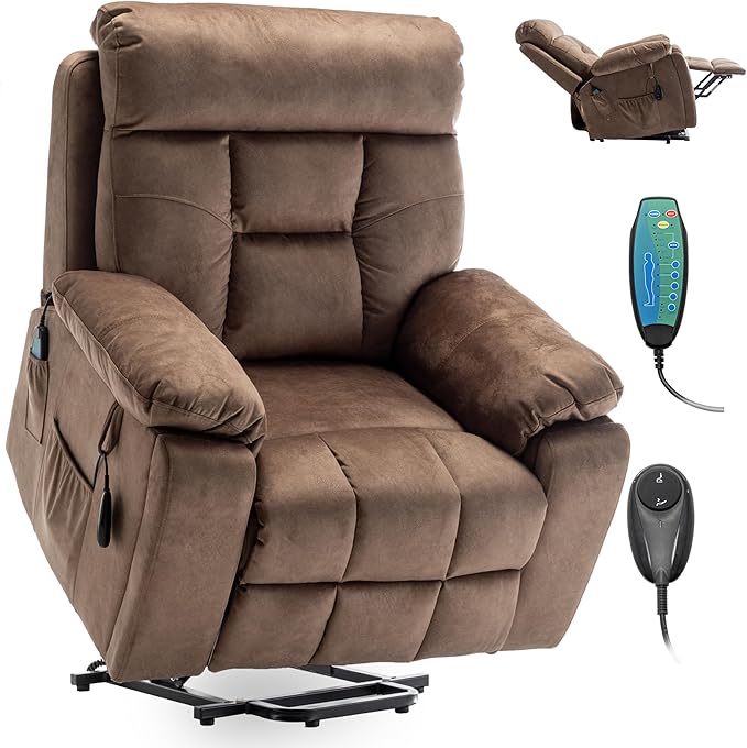 Power Lift Recliner Chair with Massage and Heating Functions,Velvet Sofa with 2 Remote Controls and Two Cup Holders,Recline up to 160 Degrees,Suitable for Living Room