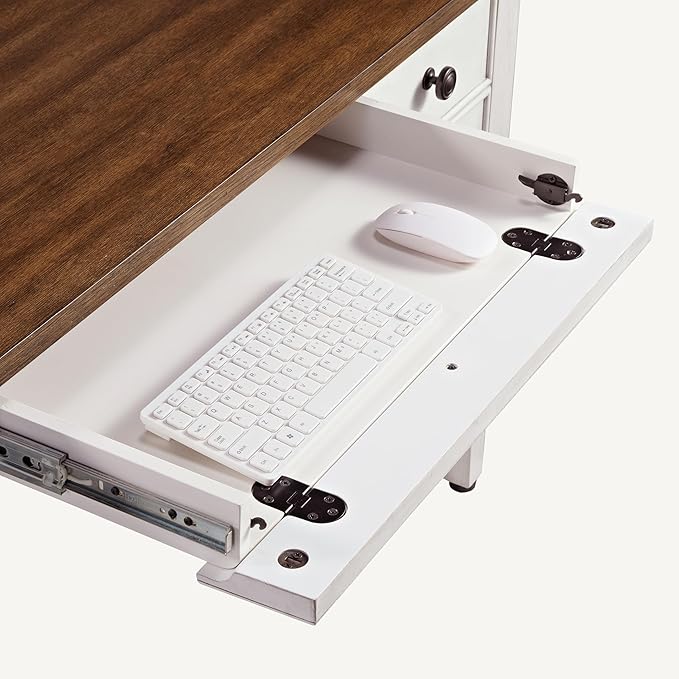 EUREKA ERGONOMIC Farmhouse Writing Desk, 55" Executive Office Desk with 3 Drawers,Keyboard Tray,Mid-Century Modern Computer Desk w Solid Wood Legs,Birch Finish,Antique White