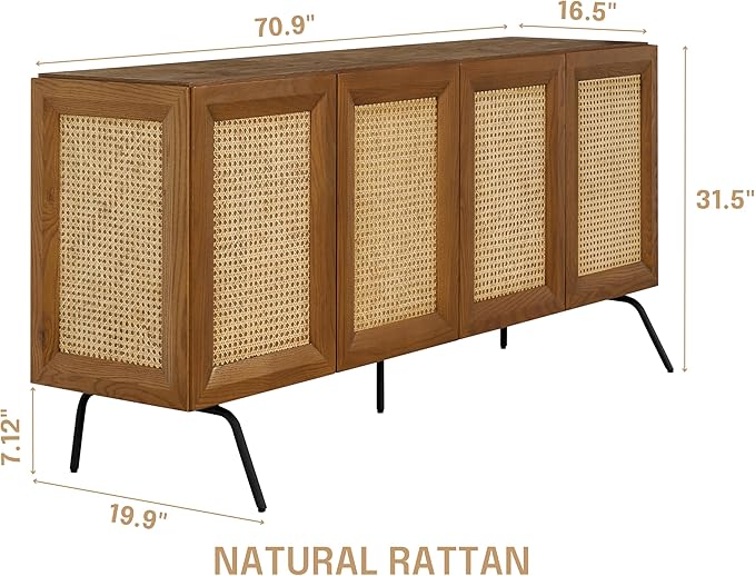 NTC MOSSIC Modern Sideboard with 4 Doors, Natural Rattan Storage Cabinet, Buffet with Metal Legs, Boho Accent Cabinet for Living Room, and Entryway, Effortless Assembly - Rustic Oak
