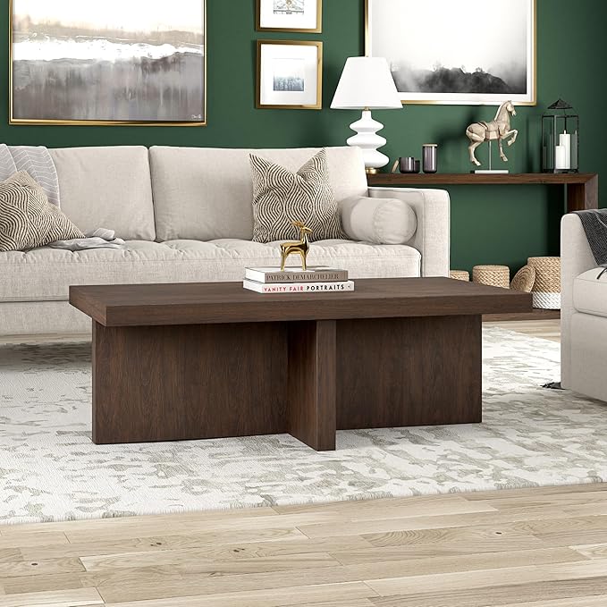 Henn&Hart 44" Rectangular Wood Pedestal Low-Profile Coffee Table for Living Room, Family Room, or Office, Alder Brown
