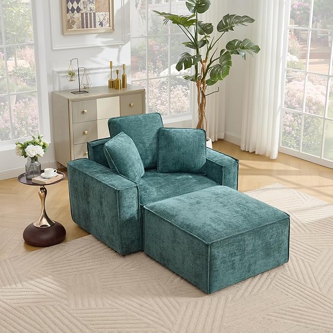 WILLOVE 47'' Single Sofa with Ottoman, Chenille Cloud Couch with Wide Armrests & 3 Pillows, Deep Seat Couches for Living Room, Green