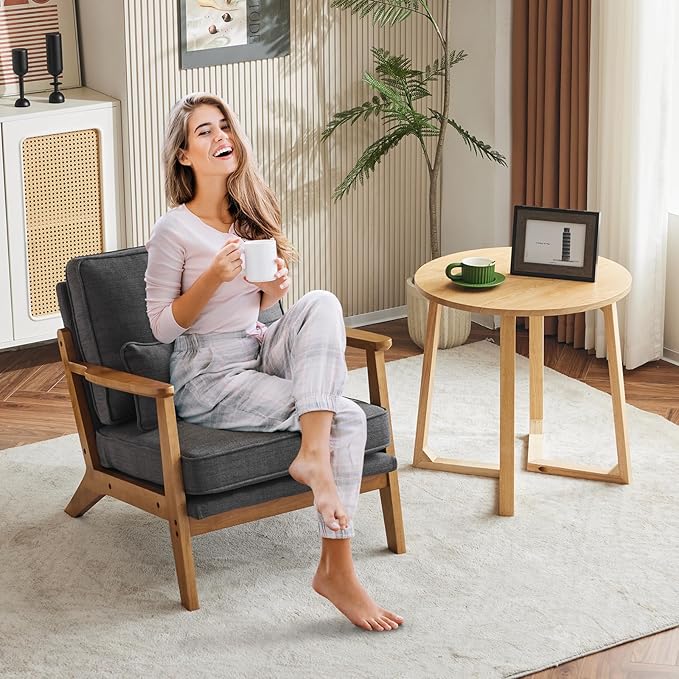 Karl home Accent Chair Wide Armrest Mid-Century Lounge Chair Linen Fabric Armchair with Lumbar Pillow & Solid Wood Frame for Living Room, Bedroom, Balcony, Gray
