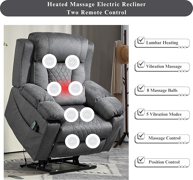 Big Man Power Lift Recliner for Elderly Adults 28 Inch Wide Seat, Lay Flat Lift Chair with Heat Massage, Flip Arm Storage Cup Holders, USB Type C Charging (Grey Chenille)