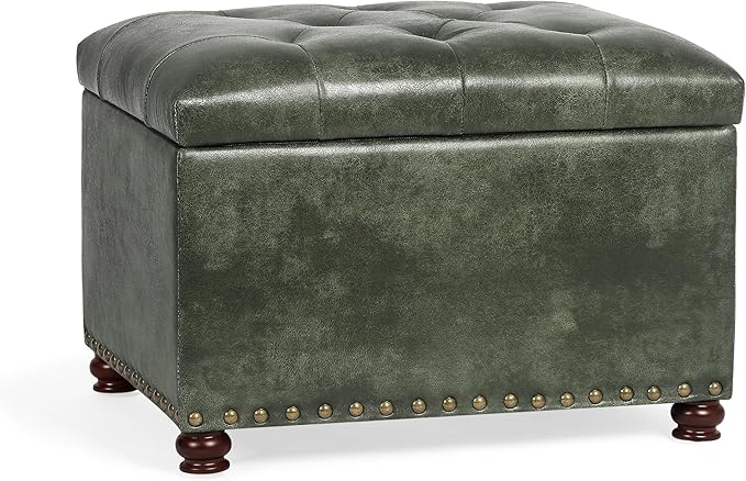 24'' Leather Ottoman with Storage Rectangle Foot Rest Ottomans Stool for Living Room(Green,Leather Texture)