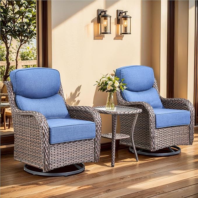 Luxury Outdoor Swivel Rocker Patio Chairs, High Back Patio Swivel Chairs with Side Table & 6-Inch Thick Cushions, Wicker Outdoor Bistro Set for Porch, Yard, Deck, Poolside, Brown/Blue