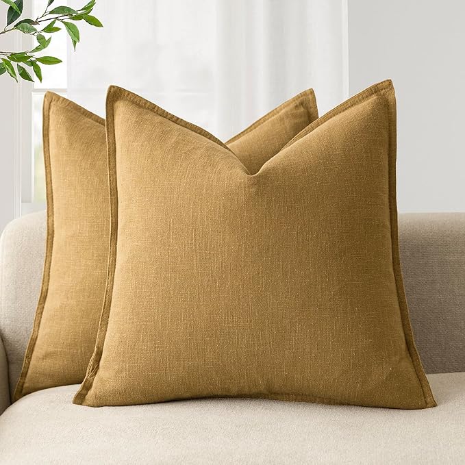 Foindtower Pack of 2, Decorative Linen Soild Throw Pillow Covers Soft Accent Cushion Case Boho Farmhouse Pillowcase for Chair Couch Sofa Bedroom Living Room Home Decor 26 x 26 Inch Honey Mustard