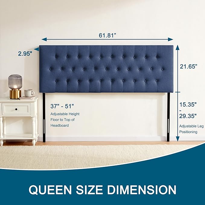 Tufted Upholstered Headboard Queen Size, Solid Wood Head Board with Metal Legs, Adjustable Height Bed headboard from 37" to 51" Fabric Headboard in Modern Button Design, Blue
