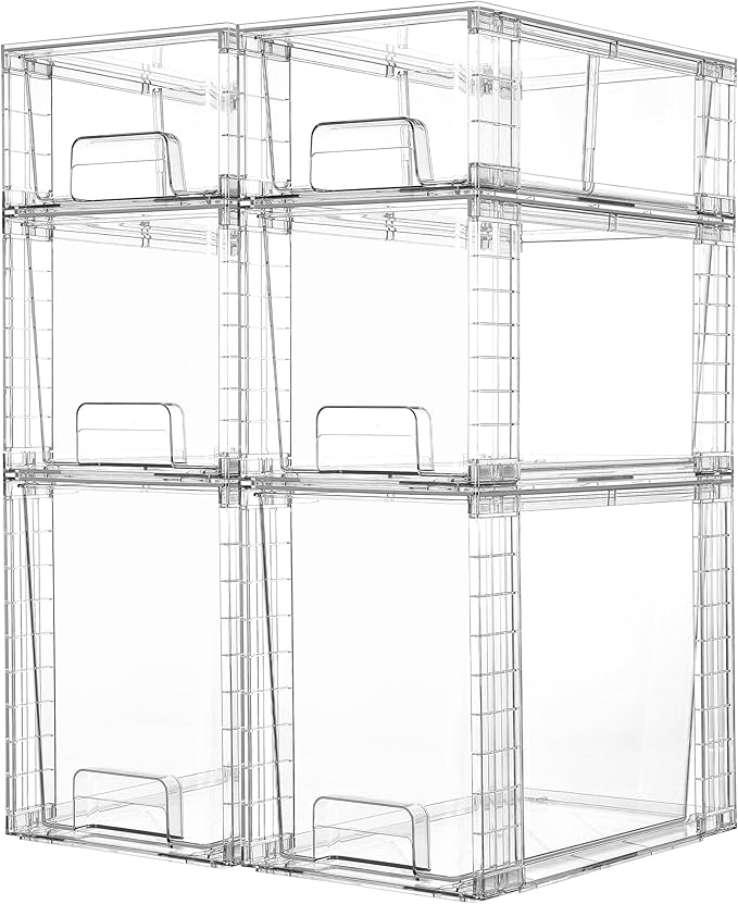 Vtopmart 6 Pack Clear Stackable Storage Drawers,Easy to Assemble Bathroom Organizers and Storage with handles,Plastic Drawers for Kitchen Pantry,Cabinet,Under Sink Organization