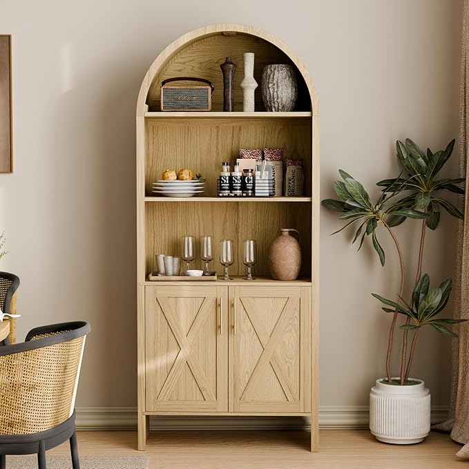 Arch Storage Cabinet with Beech-Wooden Door, 60” Cute Arched Display Cabinet, 4 Tier Farmhouse Buffet Cabinets with Storage for Dining Room, Living Room, Home Office or Kitchen (Oak)