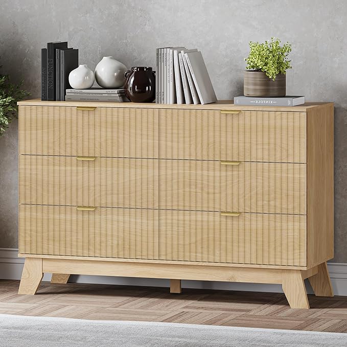 Fluted 6 Drawer Dresser, 47.2" Wide Modern Boho Chest of Drawers, Wooden Storage Dresser TV Stand for Bedroom, Living Room, Closet, Hallway, Curved Profile Design