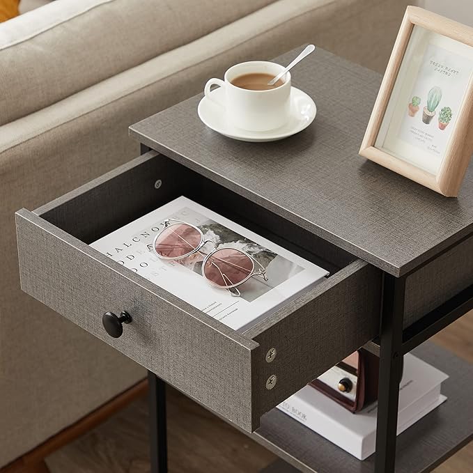 VECELO Tall End Side Table,Nightstand with Adjustable Shelf and Bin Drawer for Living Room/Bedroom/Entryway Small Spaces