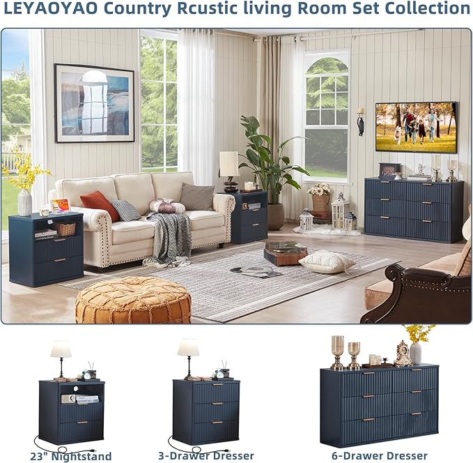 LEYAOYAO Fluted Nightstand Set of 2 with Charging Station,23" Modern Nightstand with Woodgrain Top, 2 Drawer End Table w/Storage, BedsideTables for Bedroom, Living Room, Curved Profile,Blue
