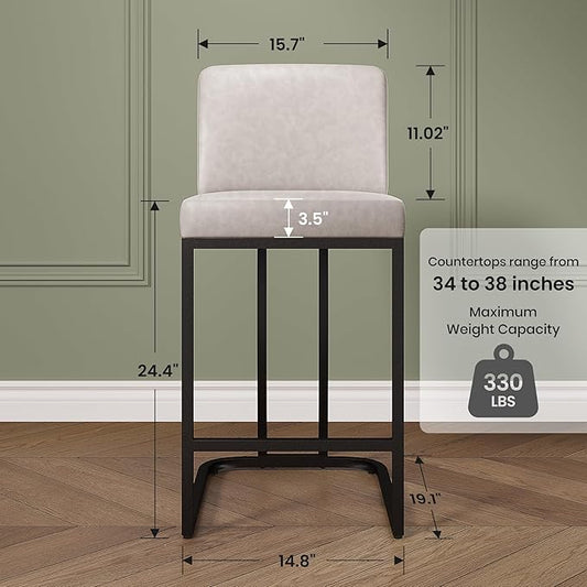 PHI VILLA Light Grey Bar Stools Set of 4, Faux Leather Counter Height Chairs, Kitchen Stools for Island, 24 Inch Barstools with Back