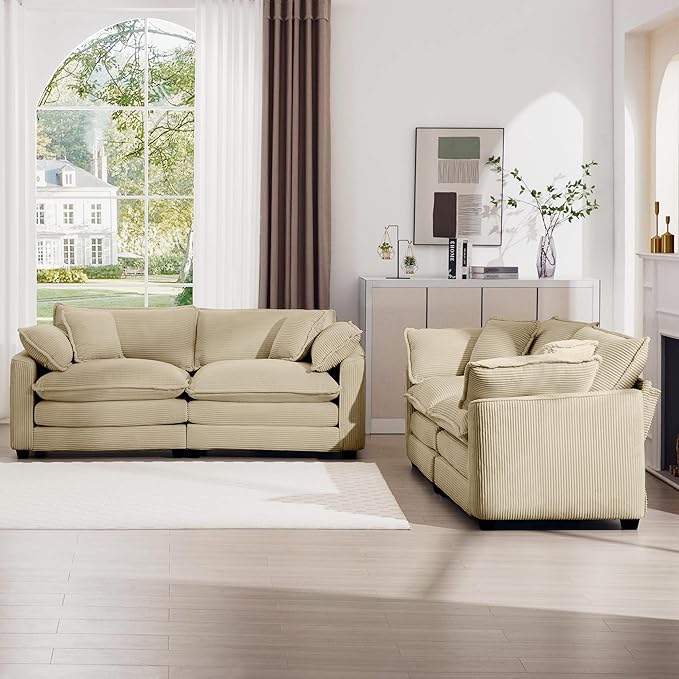 mikibama Luxury 2 Piece Sofa Set, 2 Pieces of Loveseat Couch, Modern Corduroy Comfy Cloud Couches Set for Living Room Office with 4 Armrest Pillows and 4 Toss Pillows, Camel