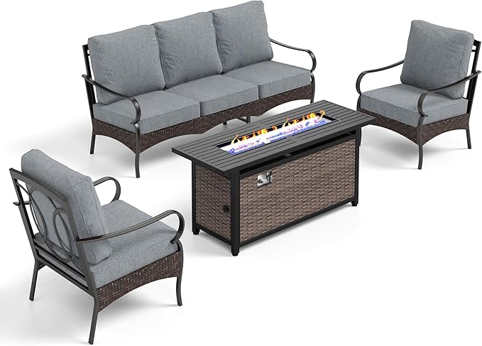 Patio Furniture Set with 56" Fire Pit Table, Premium Outdoor Wicker Metal Frame Furniture with Upgraded Waterproof Thick Cushions for Porch, Poolside, Deck, and Yard (4 Pieces,Grey