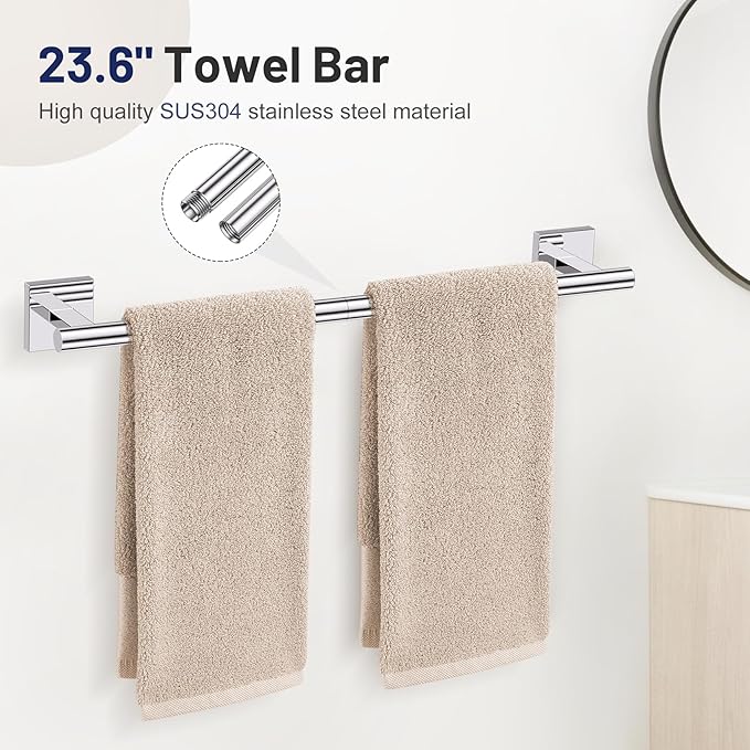 5-Piece Polish Chrome Bathroom Hardware Set, SUS304 Stainless Steel Bathroom Accessories Set 23.6 inches Towel Bar, Toilet Paper Holder with Shelf, Towel Ring and Two Towel Hooks Wall-Mounted