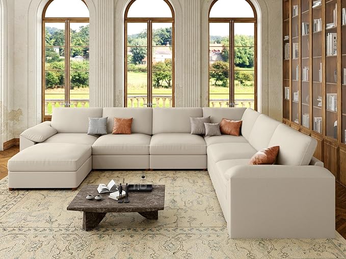 EASE MOOSE Faux Leather Sectional with Ottoman, Oversized Modular Couch, Modular Sectional Sofa with Deep Seat, Scratch Resistant Faux Leather Material, U Shaped Couch for Big Spaces, Beige