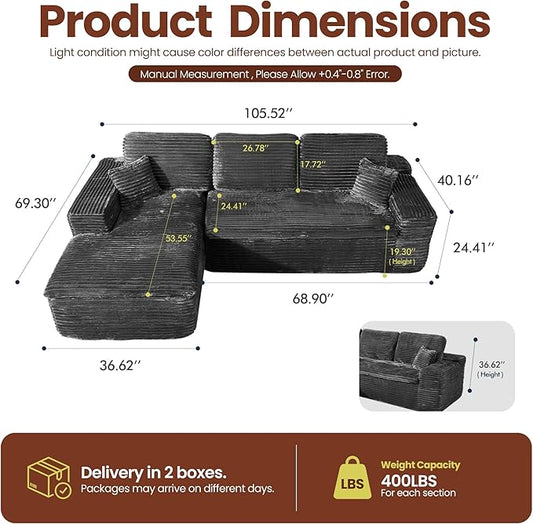 106" Oversized Couch Sofa, L Shape Couches for Living Room, No Assembly Required Plush Velvet Sectional Sofas with Left Facing Chaise for Home Apartment