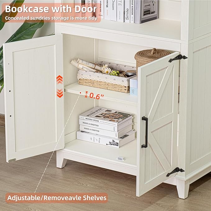 5 Tier Bookshelf 70in Tall Bookcase with Barn Doors and Storage Cabinet, White Farmhouse Book Shelf with Adjustable Shelves, Wood Freestanding Display Bookshelves for Bedroom, Living Room