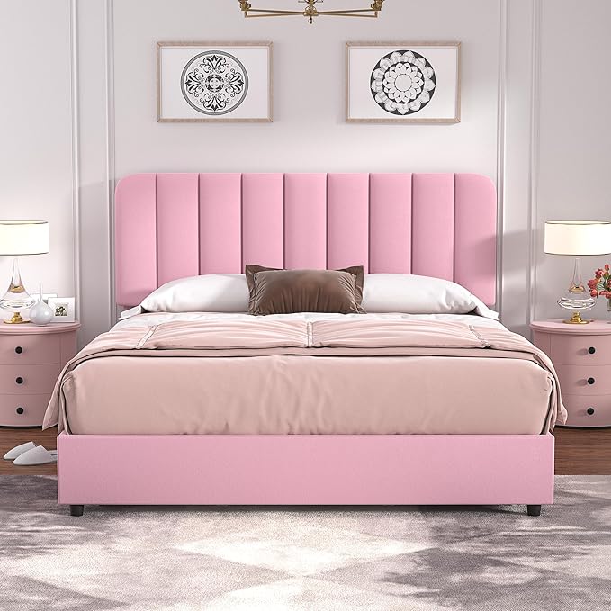 VECELO Queen Size Upholstered Bed Frame with 4 Drawers and Headboard, Velvet Platform Storage Bedframe, Wooden Slats Support, No Box Spring Needed,Pink