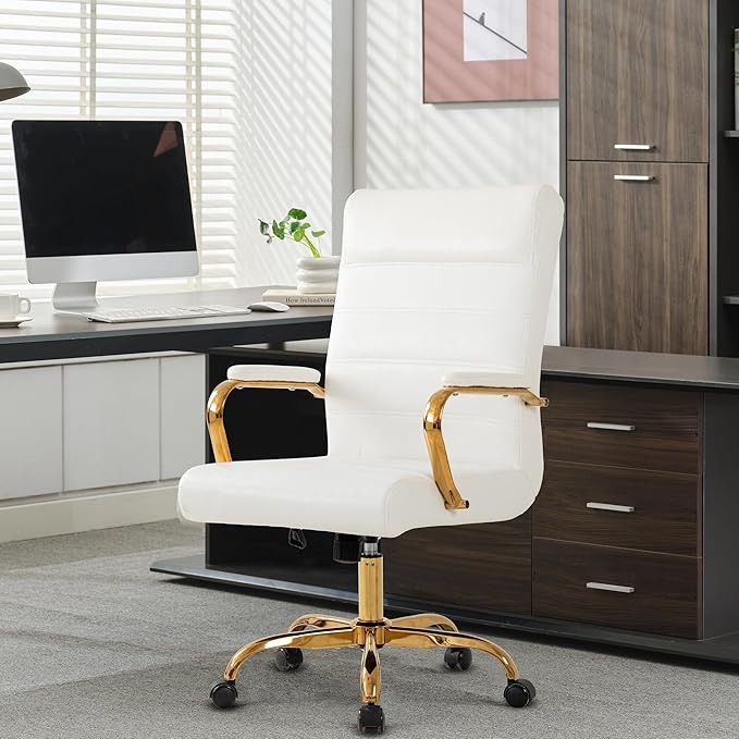 White and Gold Office Desk Chair, Modern Leather Conference Room Chairs, High Back Ergonomic Home ofiice Chair, Adjustable Height Swivel Executive Computer Chair with Padded Seat and Armrest