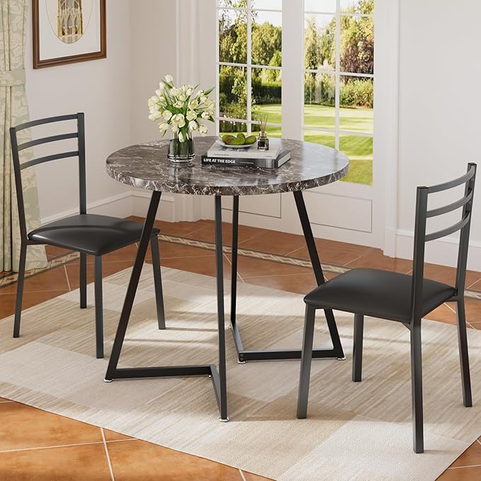VECELO Small Round Dining Table Set for 2, Wood Tabletop with Strong Metal Frame, Modern Dinette with Chairs for Kitchen, Breakfast Nook Living Room, Faux Marbled & Grey