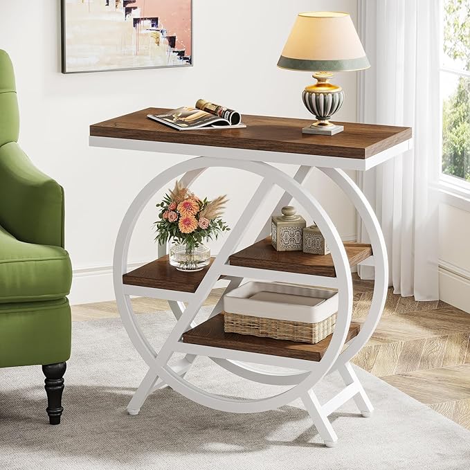 Tribesigns End Table for Living Room, 3-Tier Narrow Side Table with Storage, Wood Sofa Side Table with Geometric Metal Frame, Industrial Nightstand and Bedside Table for Bedroom (Light Brown+White)