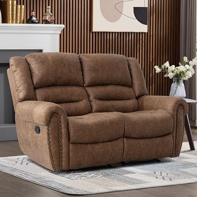 CANMOV Faux Leather Manual Loveseat Recliner, 2 Seat Reclining Chair, Overstuffed Comfortable Arms and Back Recliner Chair, Couch Set for Living Room, Bedroom Furniture, Office,Nut Brown